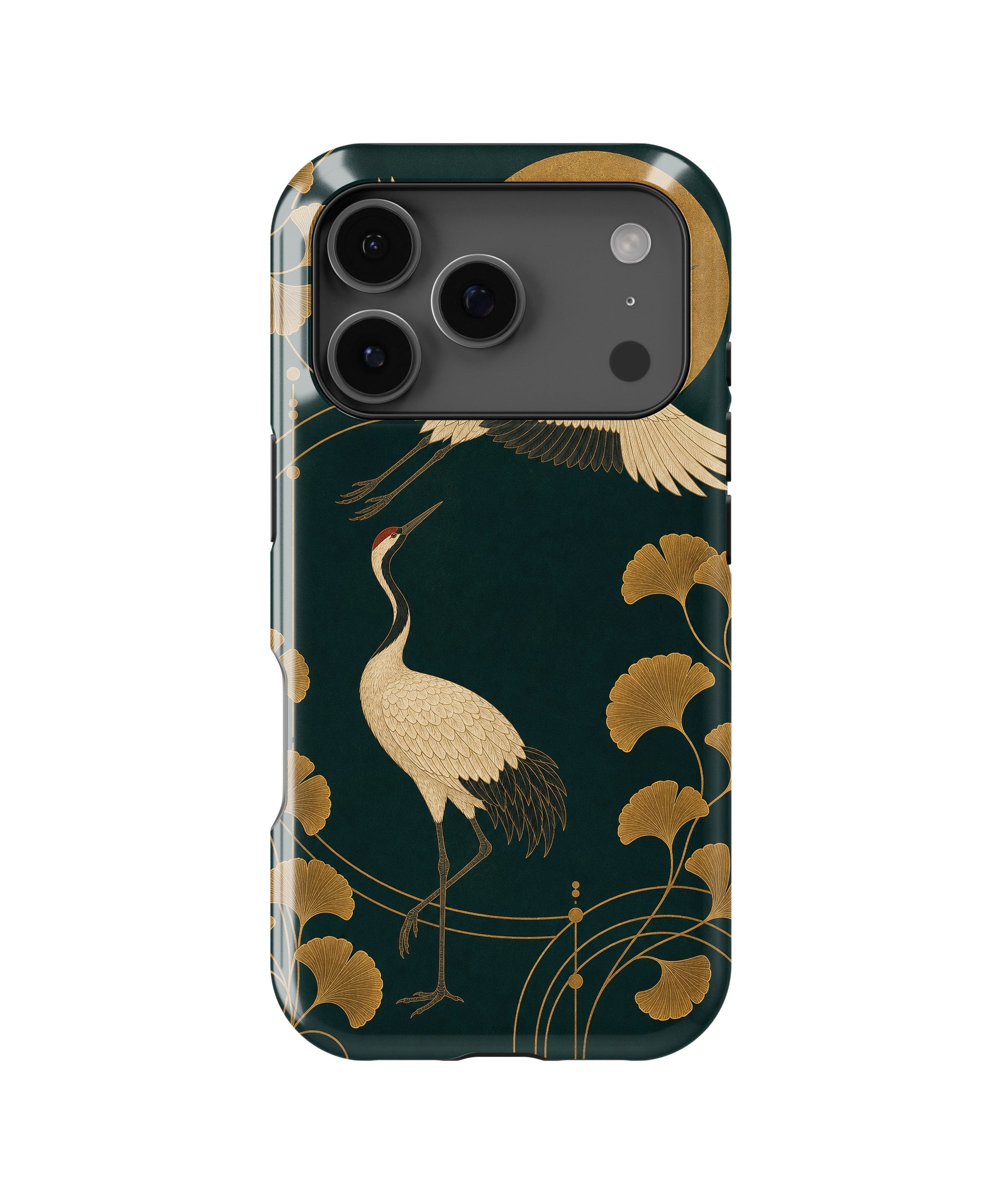 Emerald gold Art Deco cranes and ginkgo MagSafe iPhone tough case for iPhone 17 Pro