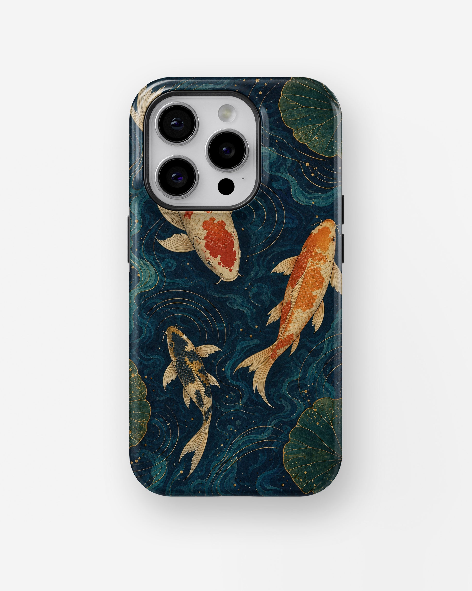 Japanese koi pond with dark blue water and gold ripples shockproof case for iPhone Pro models
