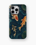 Japanese koi pond with dark blue water and gold ripples shockproof case for iPhone Pro Max models