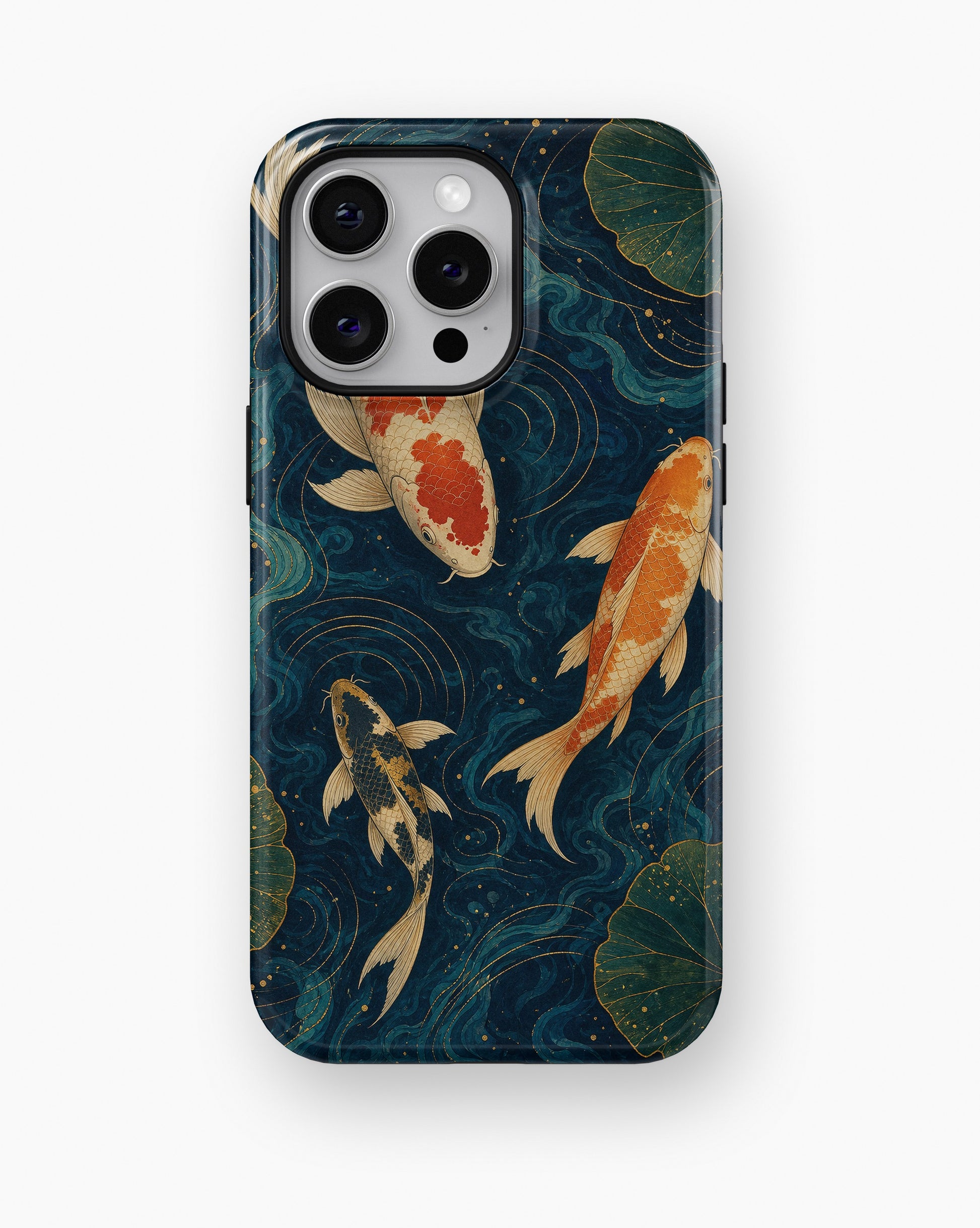 Japanese koi pond with dark blue water and gold ripples shockproof case for iPhone Pro Max models