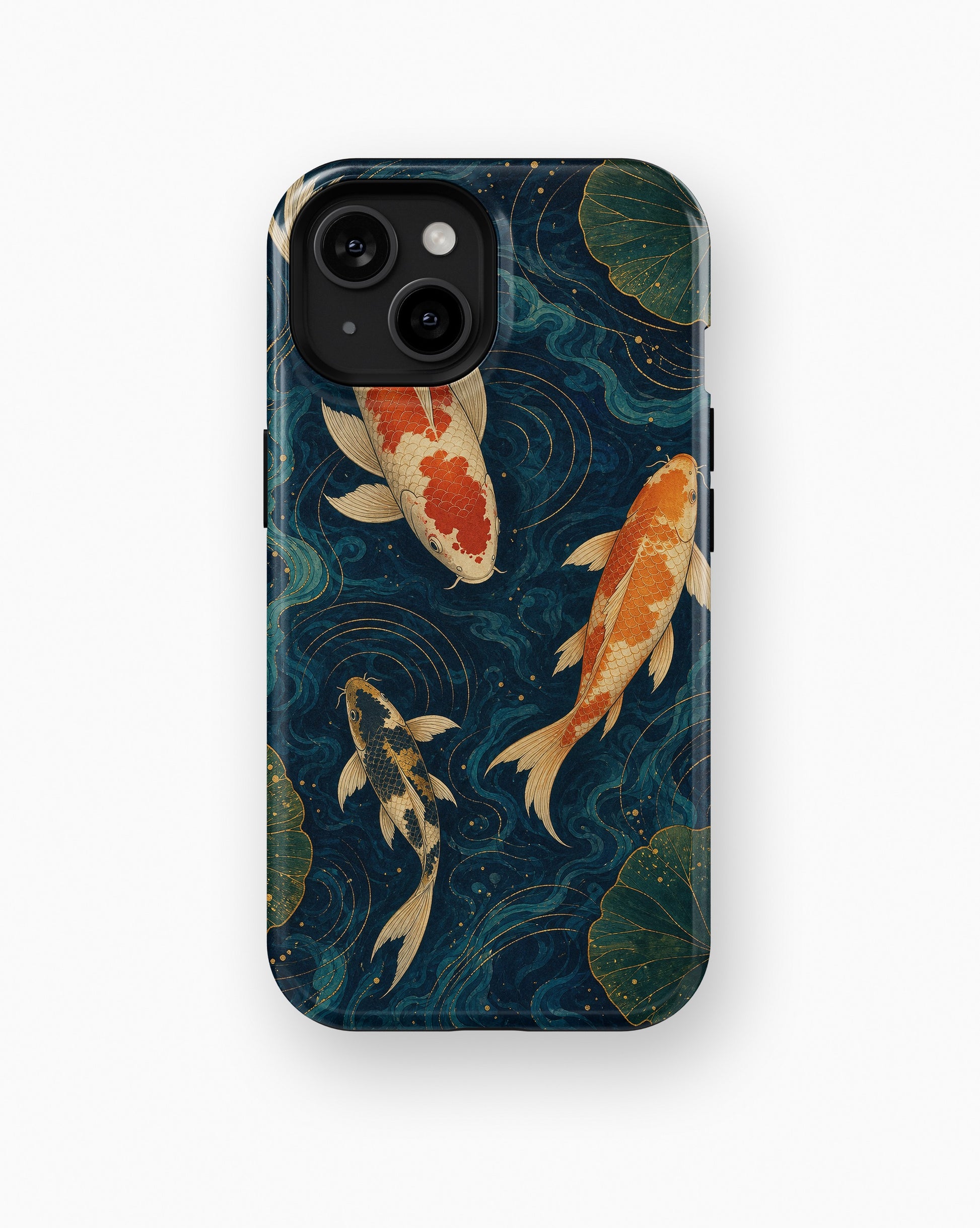 Japanese koi pond with dark blue water and gold ripples shockproof case for standard iPhone models