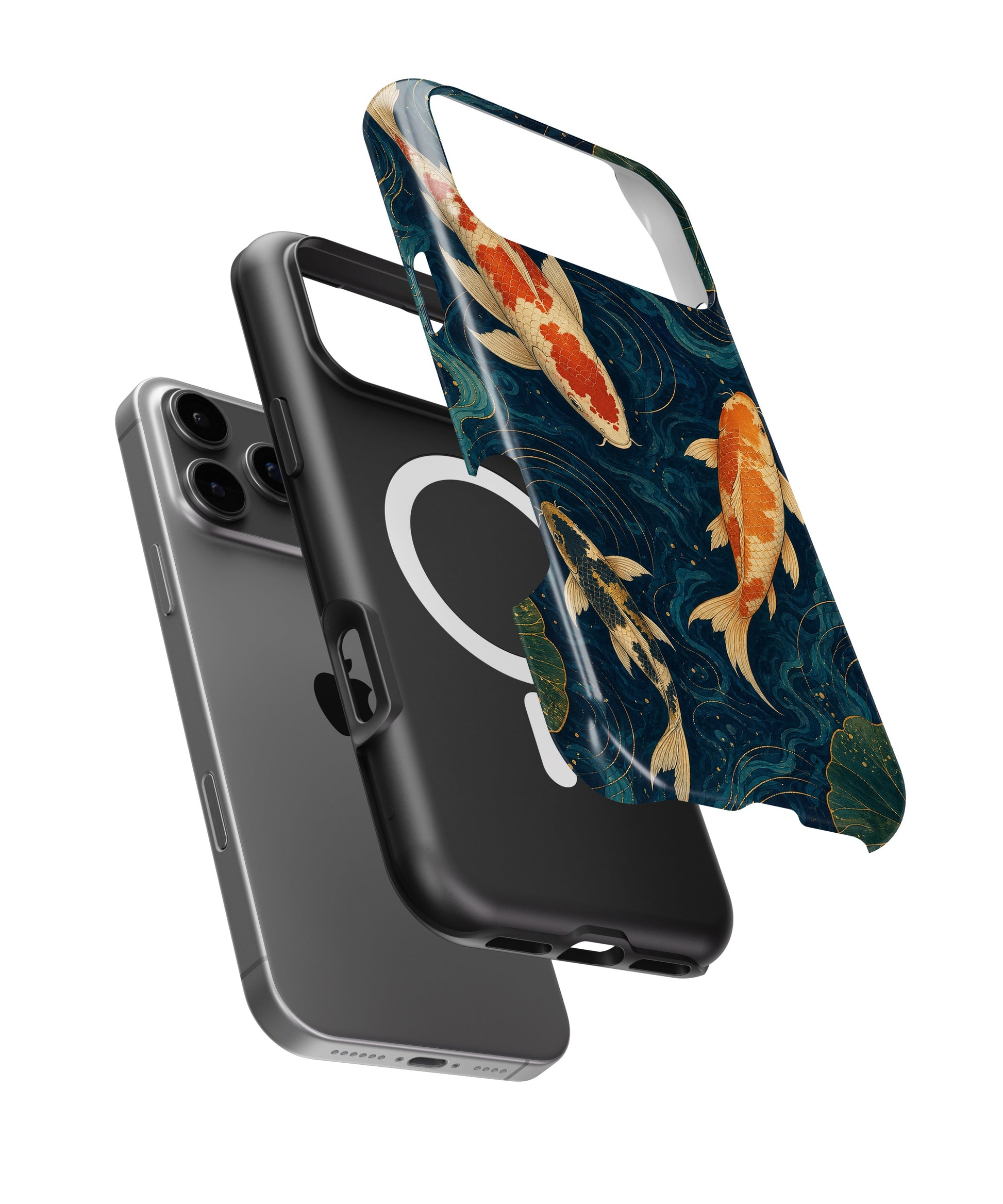 Japanese koi pond with dark blue water and gold ripples iPhone case with built-in MagSafe magnetic ring