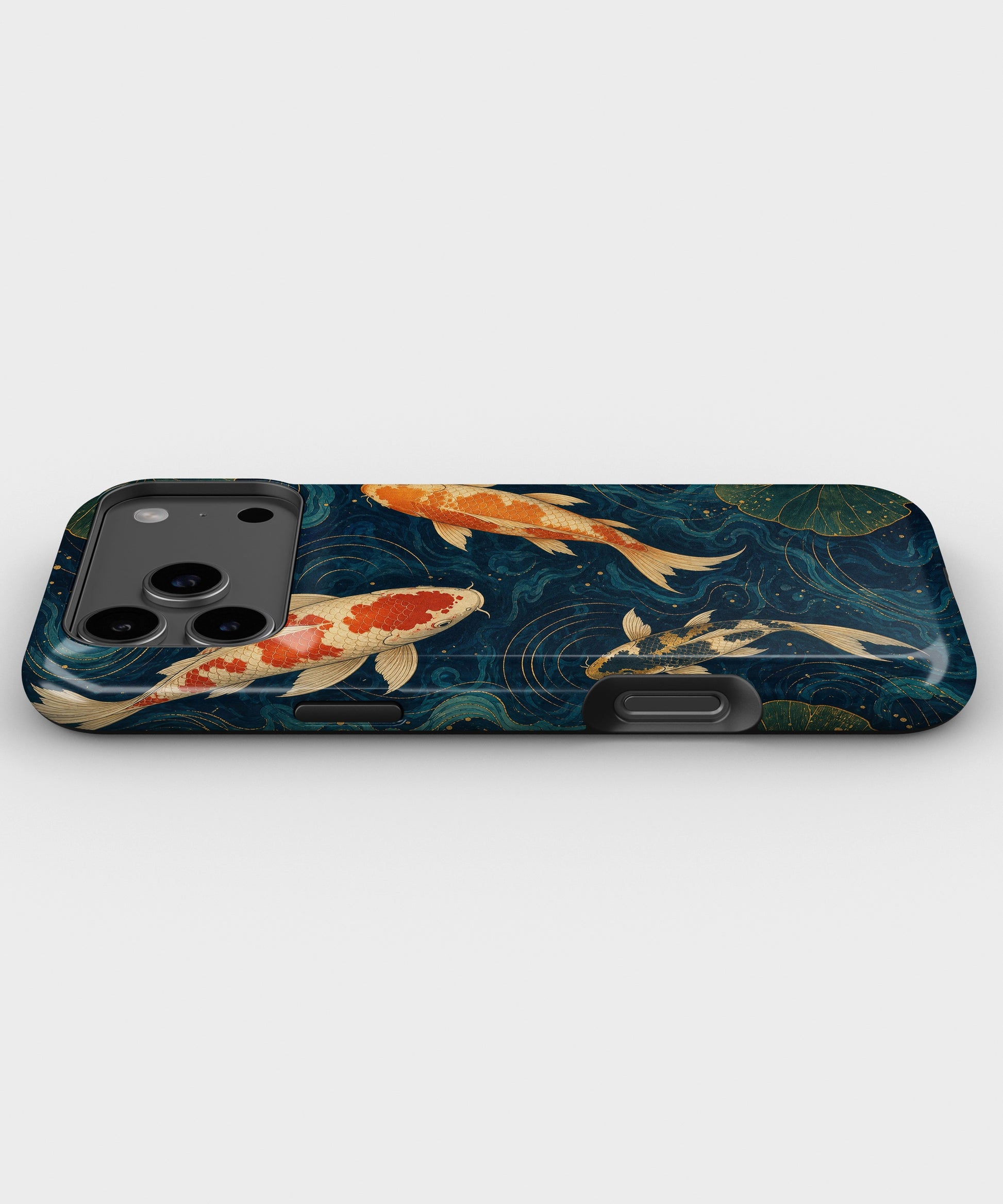Japanese koi pond with dark blue water and gold ripples tough iPhone case with raised camera and edge protection