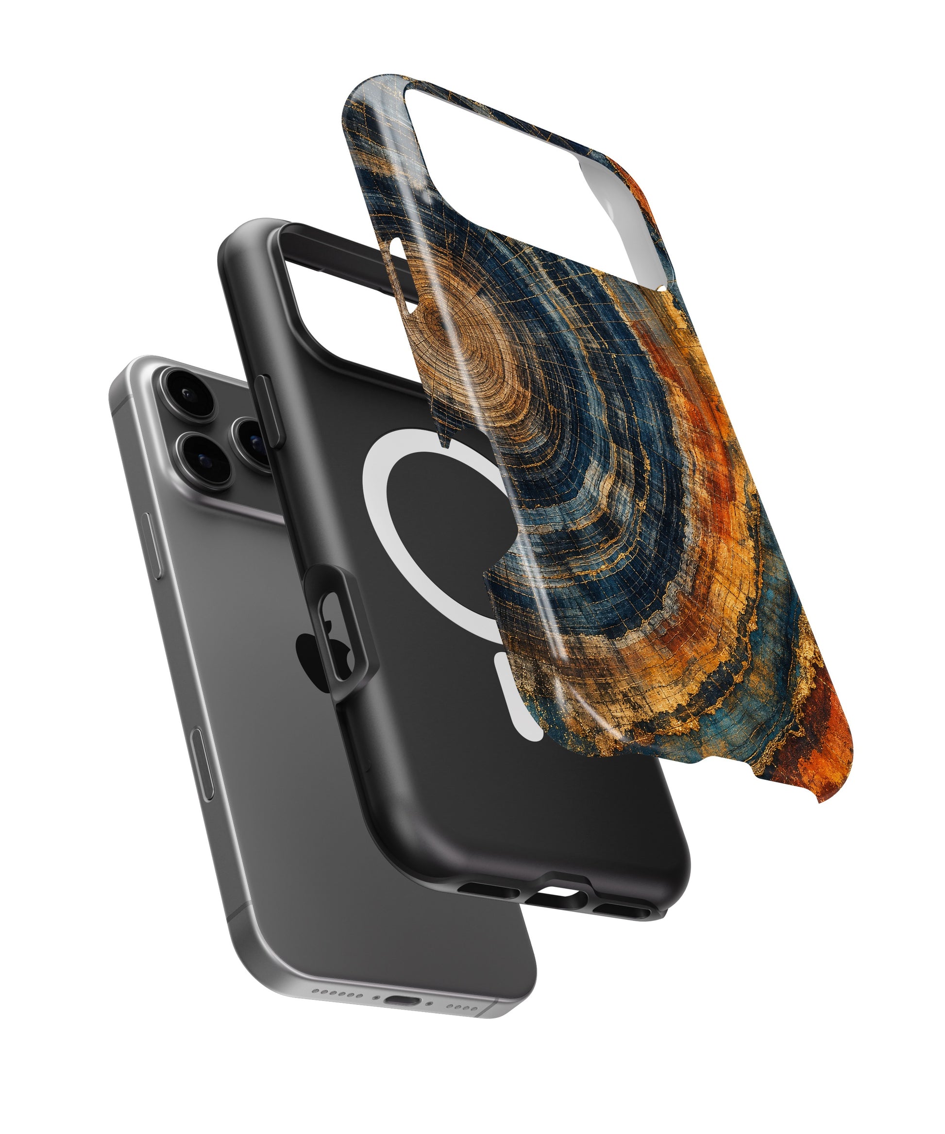 Blue rust gold tree ring mineral slice abstract iPhone case with built-in MagSafe magnetic ring