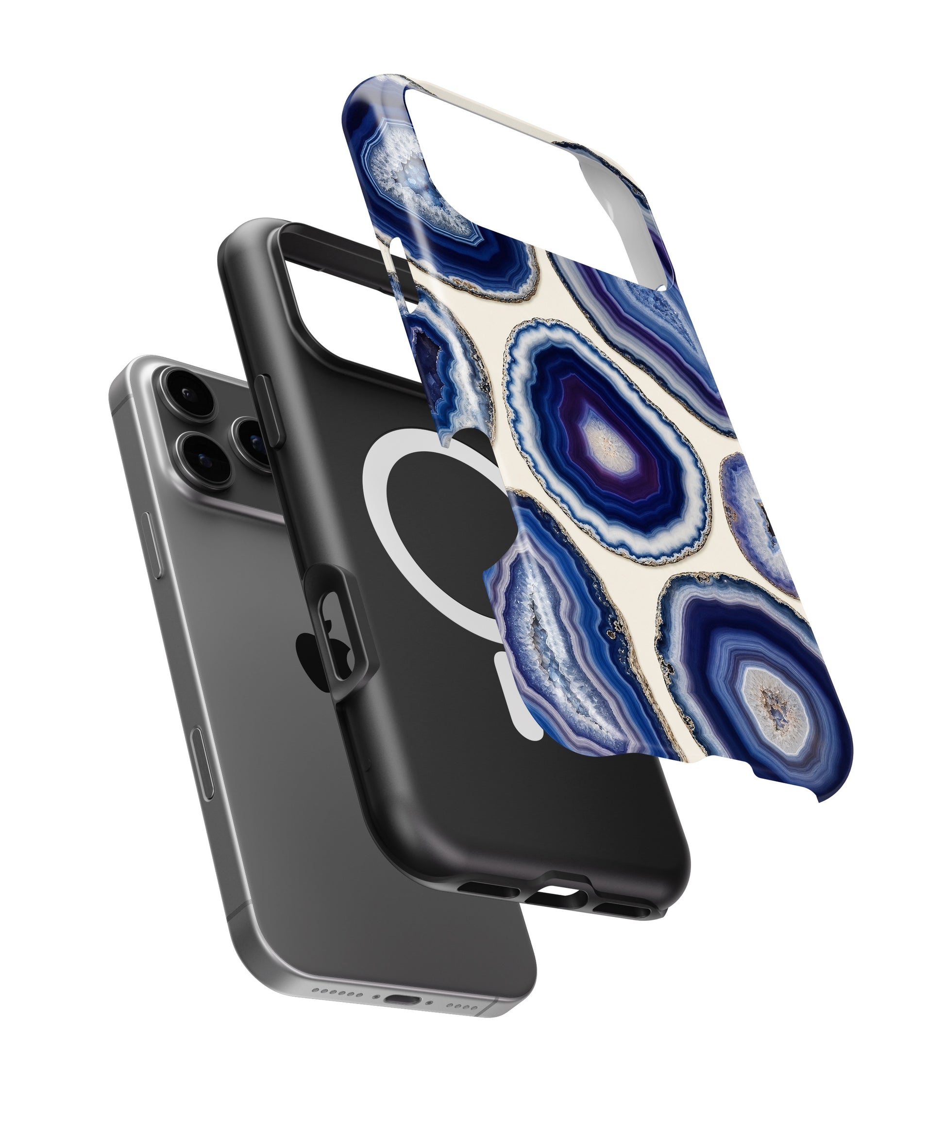 Blue violet agate geode slice collage iPhone case with built-in MagSafe magnetic ring