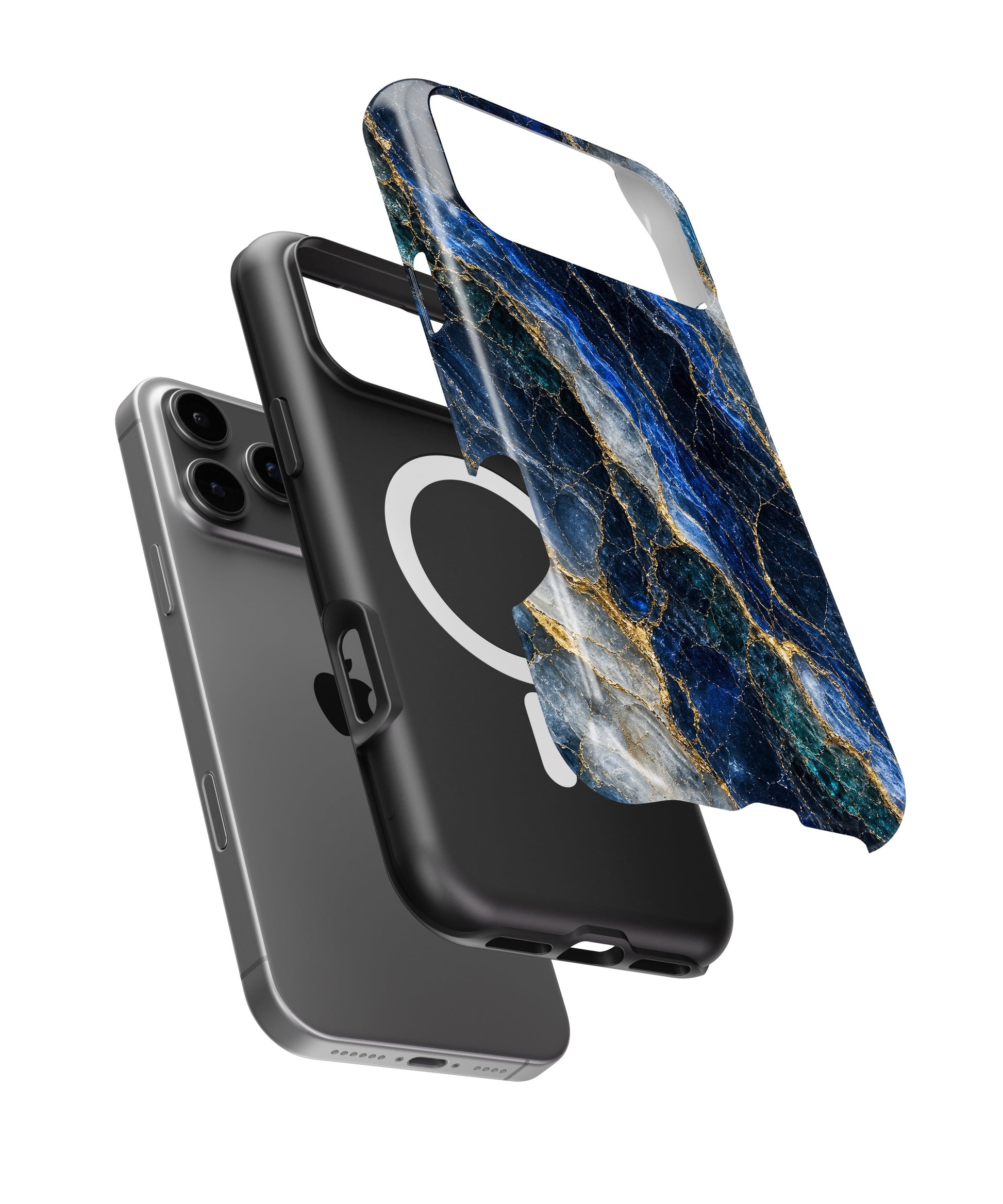 Deep blue marble with teal white and gold veins iPhone case with built-in MagSafe magnetic ring