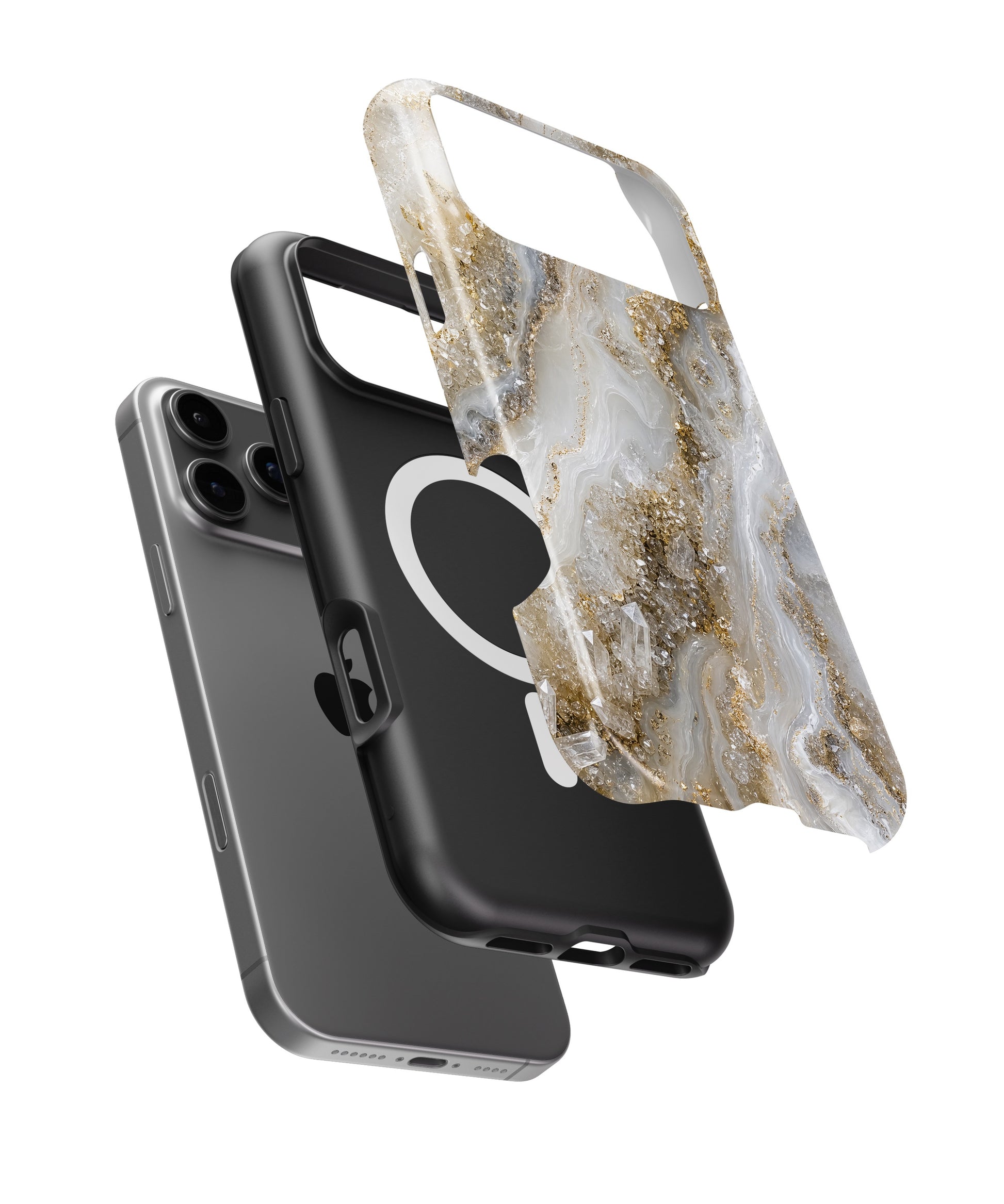 White gold clear quartz-inspired crystal geode iPhone case with built-in MagSafe magnetic ring