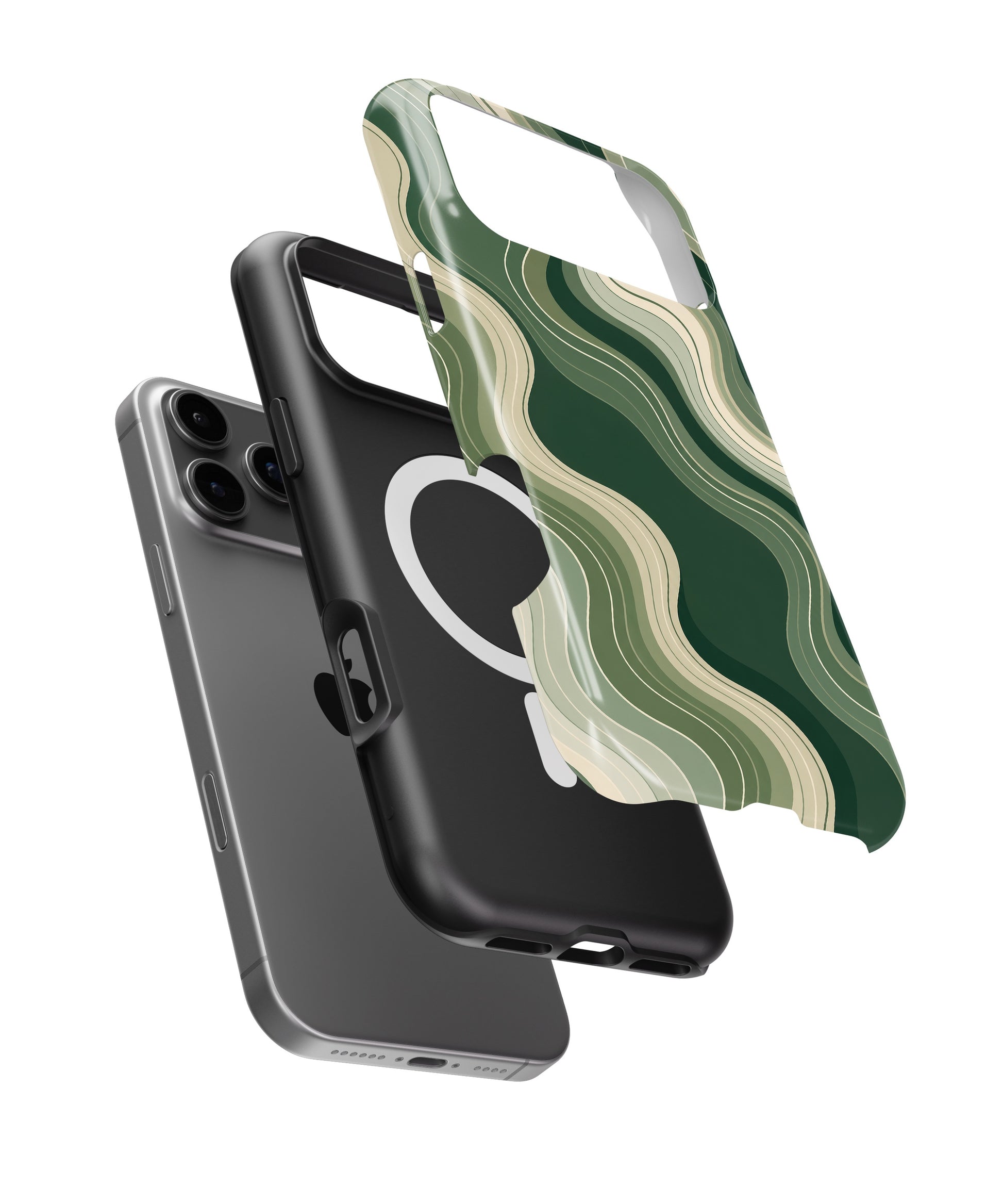Dark green sage cream organic flow lines iPhone case with built-in MagSafe magnetic ring