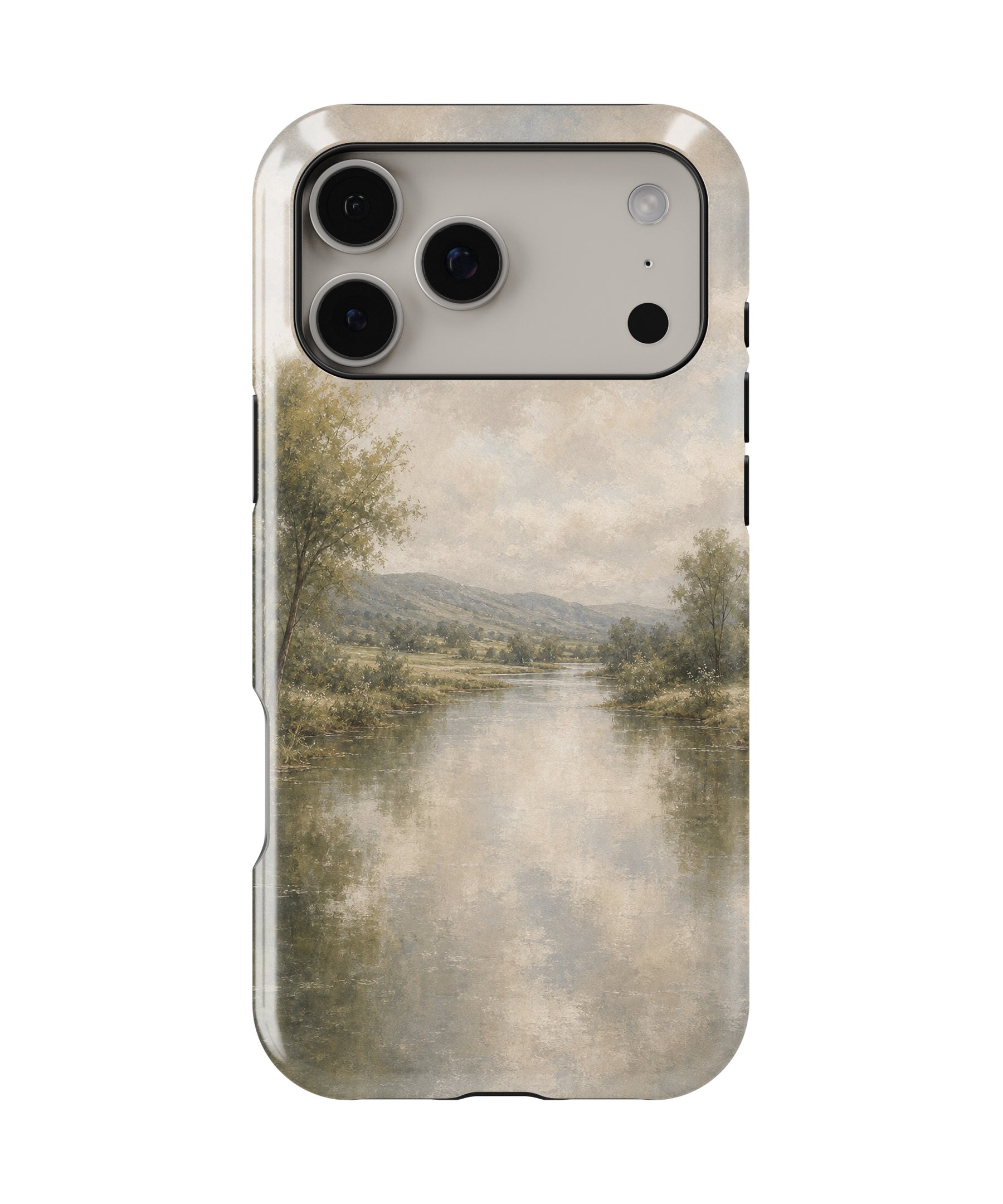 Muted Sage Misty River Landscape MagSafe iPhone Tough Case – Custom Name Option