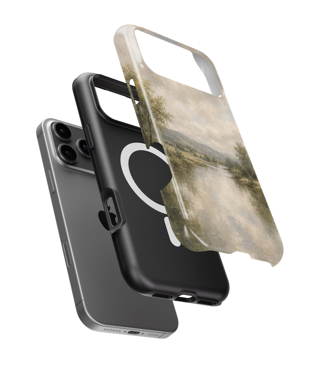 Muted sage misty river countryside landscape shockproof MagSafe iPhone case for iPhone 17 Pro Max