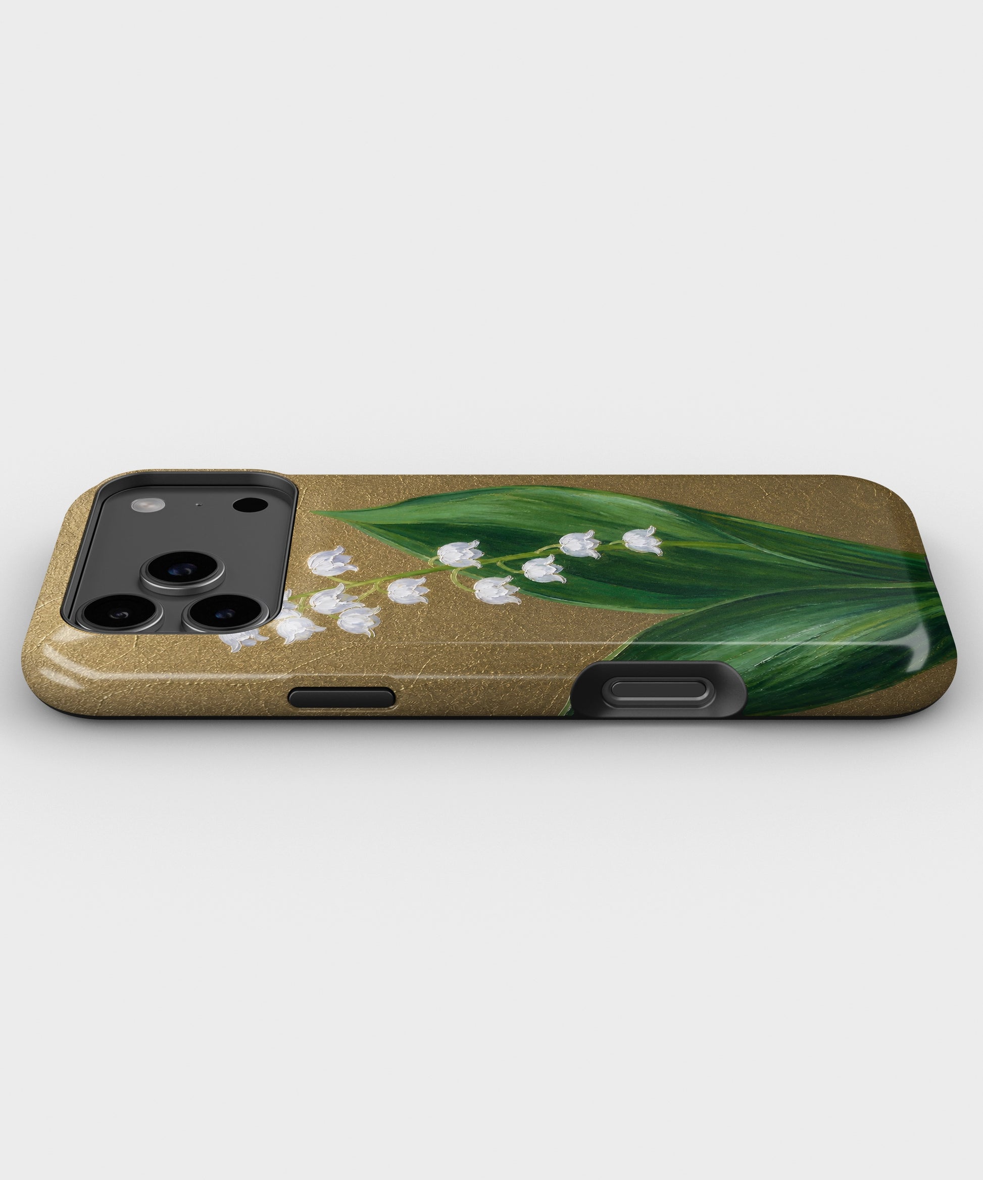 Antique gold lily of the valley botanical tough iPhone case with raised camera and edge protection
