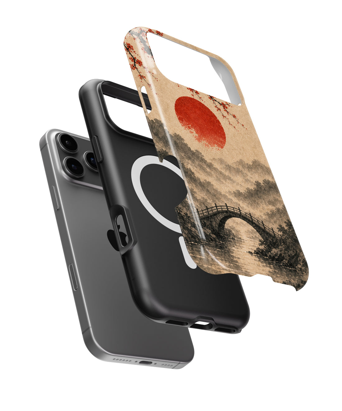Wabi-sabi red sun sakura bridge landscape shockproof MagSafe iPhone case for iPhone 17 Pro Max