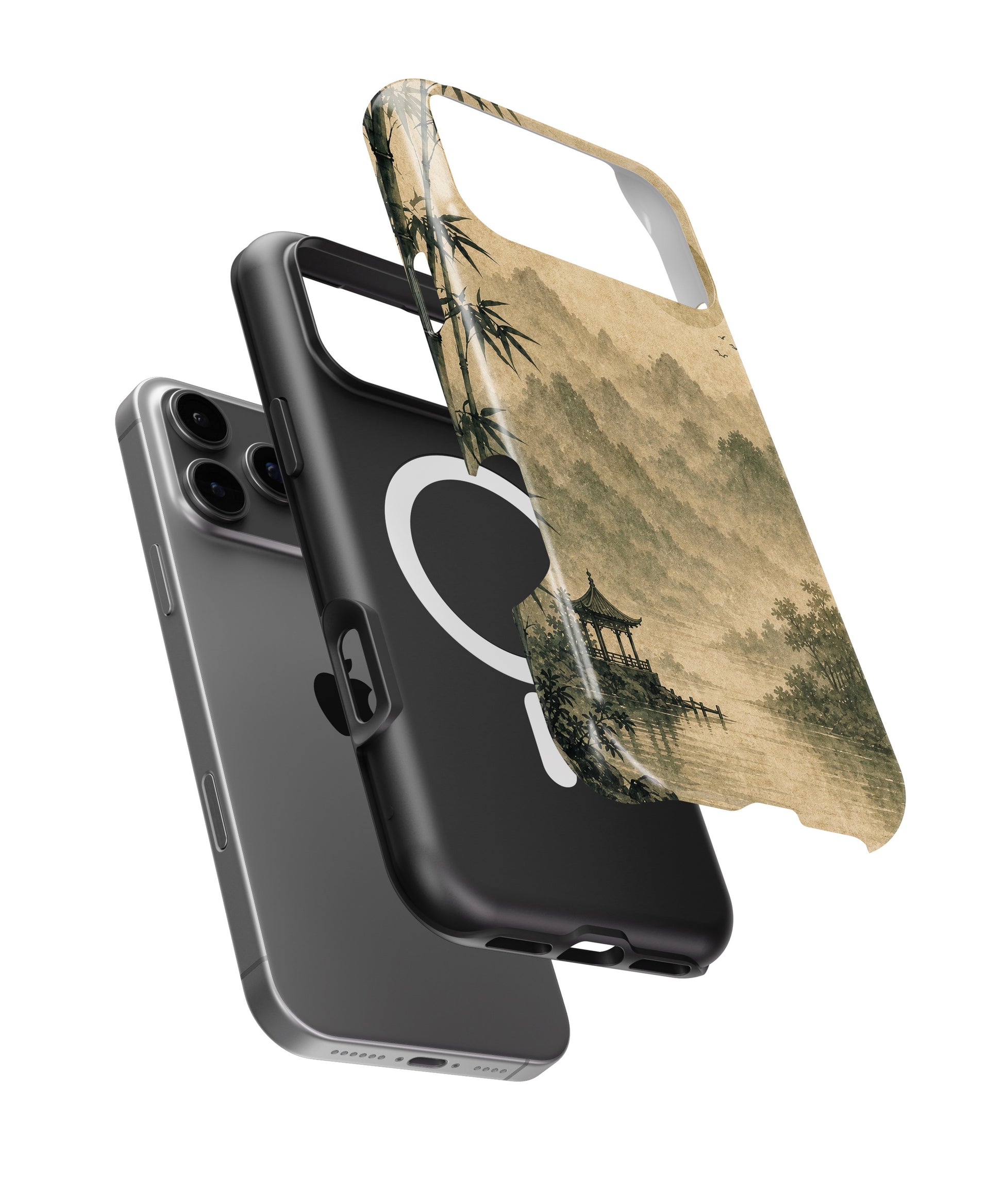 Wabi-sabi bamboo gray sun pavilion landscape iPhone case with built-in MagSafe magnetic ring