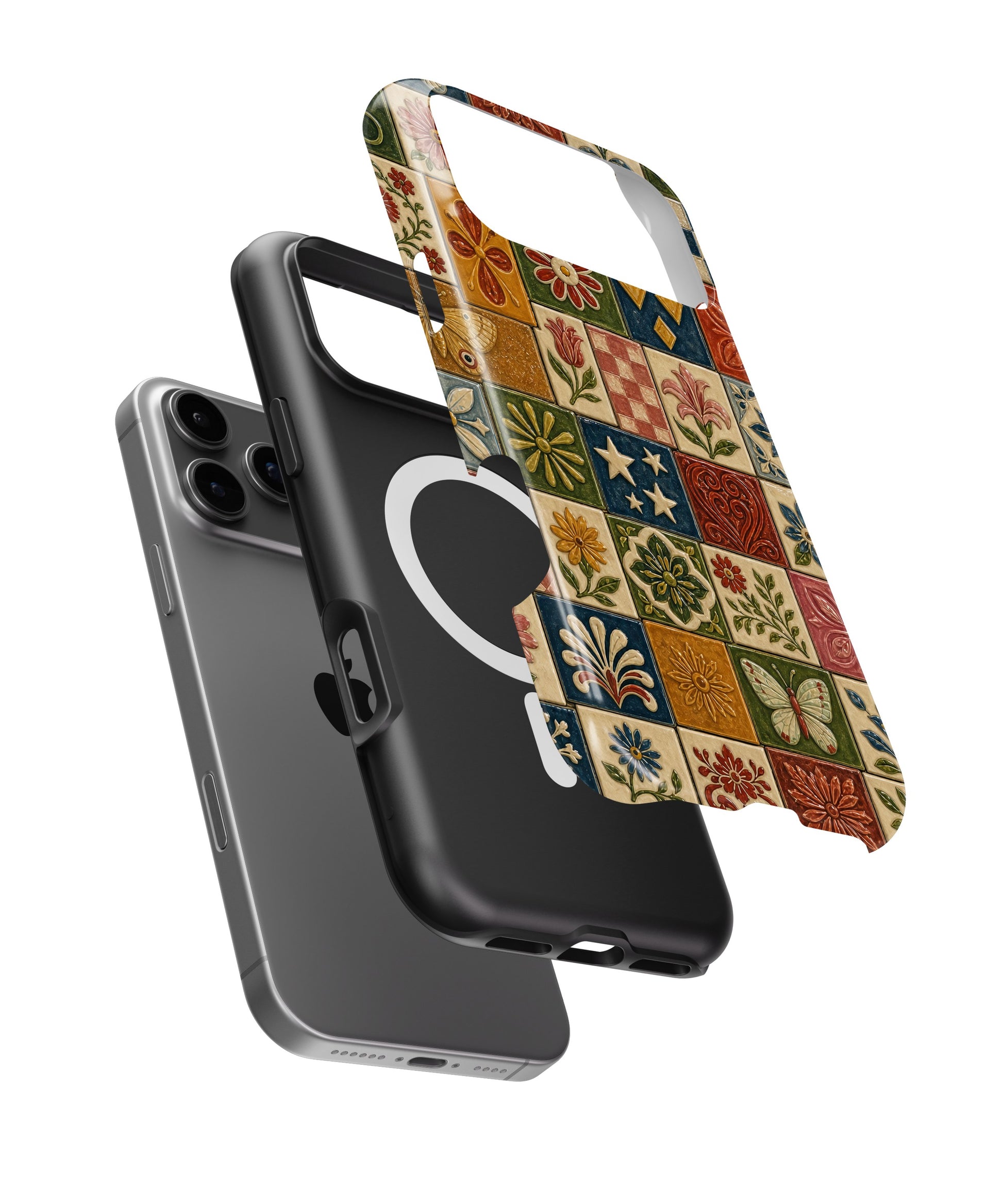 Vintage Folk Art Tile Patchwork iPhone tough case with built-in MagSafe magnetic ring