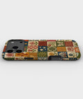 Vintage Folk Art Tile Patchwork dual-layer iPhone case with raised camera and edge protection