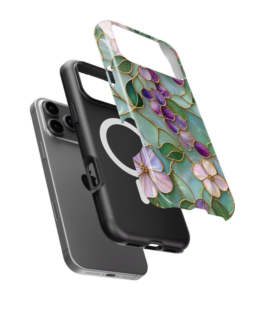 Aqua Grape Stained Glass Floral shockproof MagSafe iPhone case for iPhone 17 Pro Max