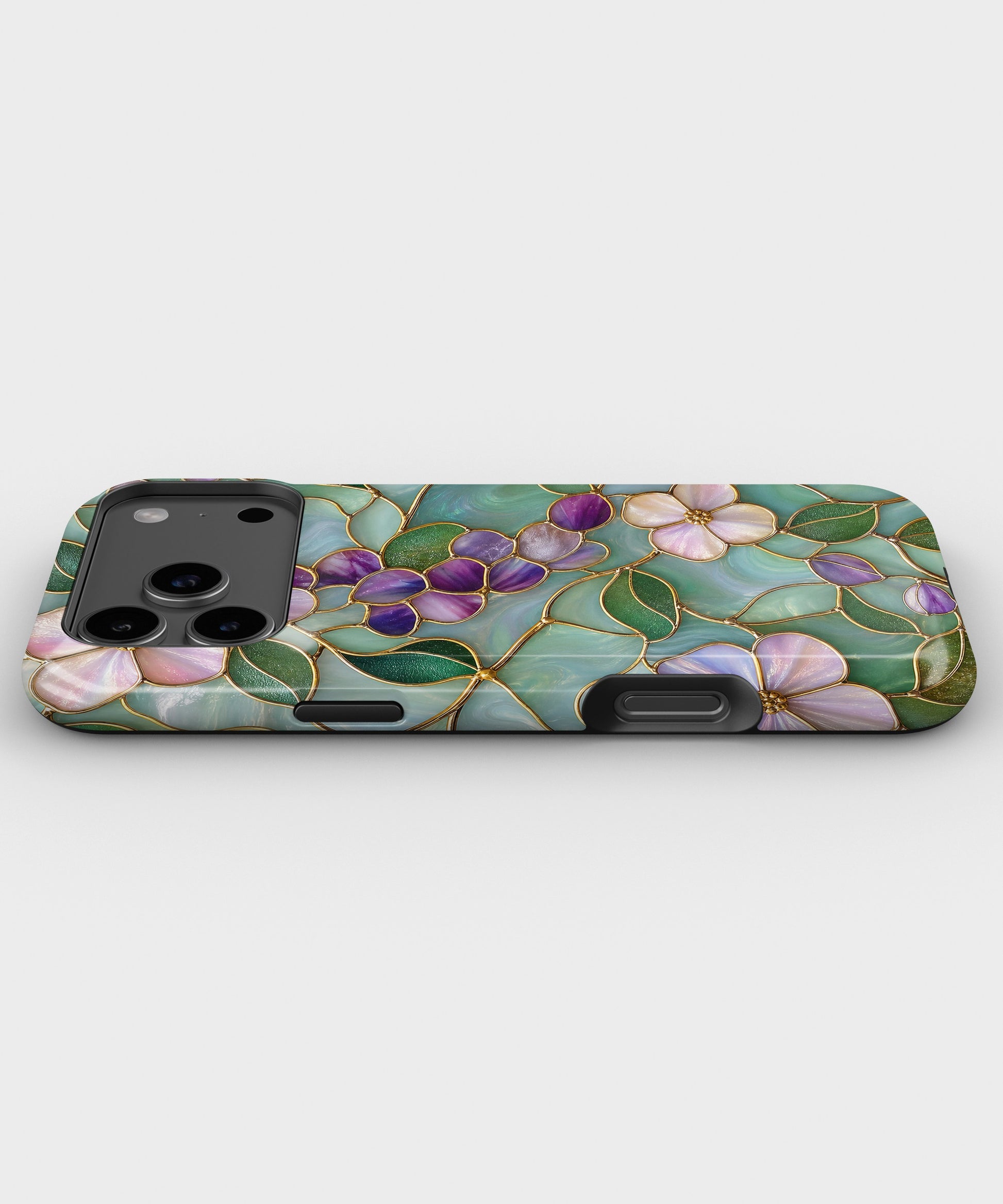 Aqua Grape Stained Glass Floral dual-layer iPhone case with raised camera and edge protection