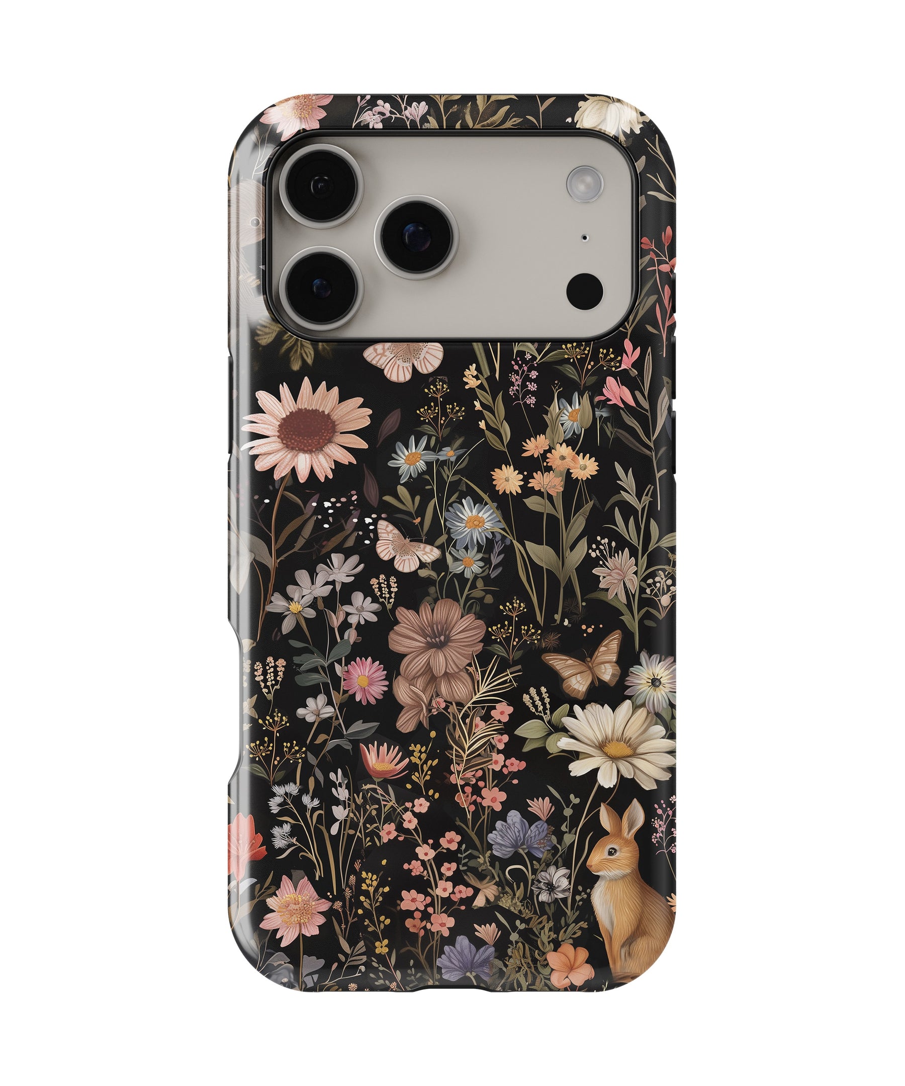 Black Woodland Floral Rabbit MagSafe iPhone Tough Case