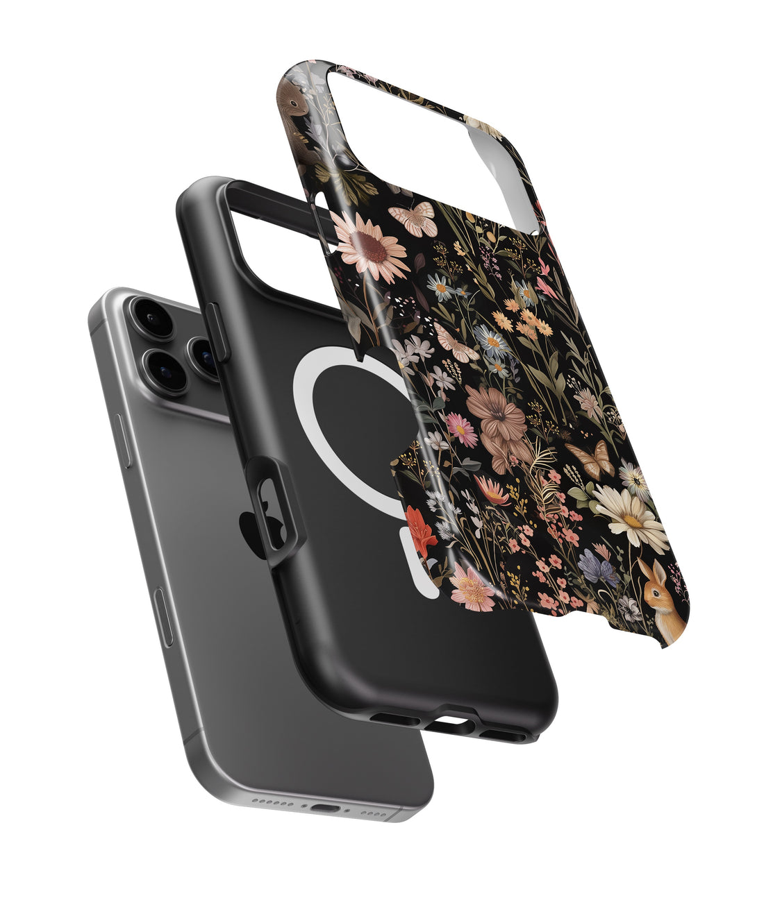 Black Woodland Floral Rabbit MagSafe iPhone Tough Case - i17PMT p1