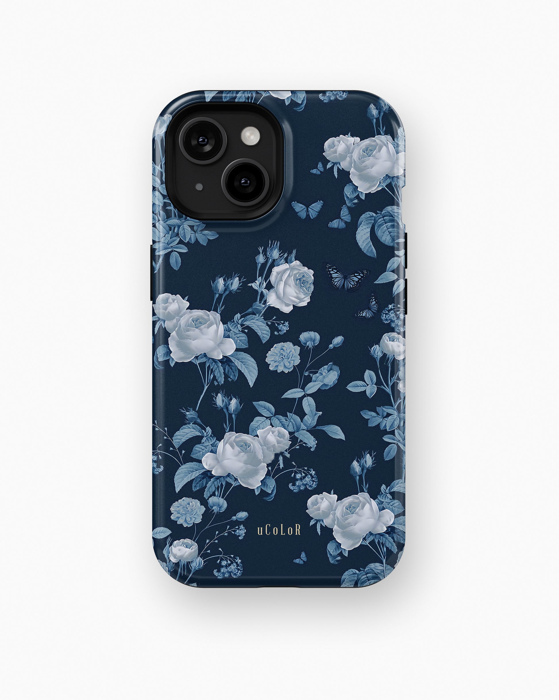 Navy Blue Rose Butterfly Floral MagSafe iPhone Tough Case - i15 tough p1