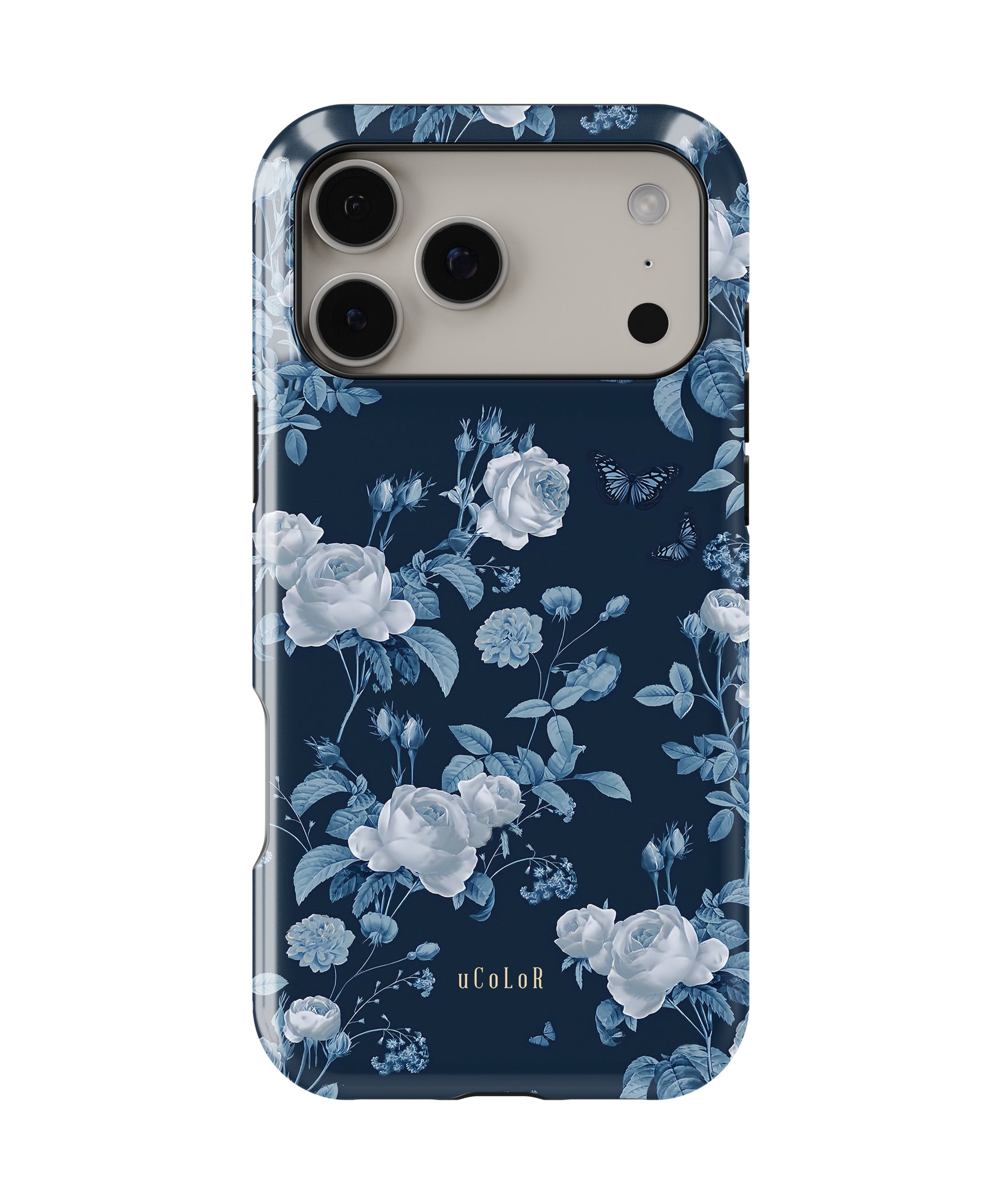Navy Blue Rose Butterfly Floral MagSafe iPhone Tough Case