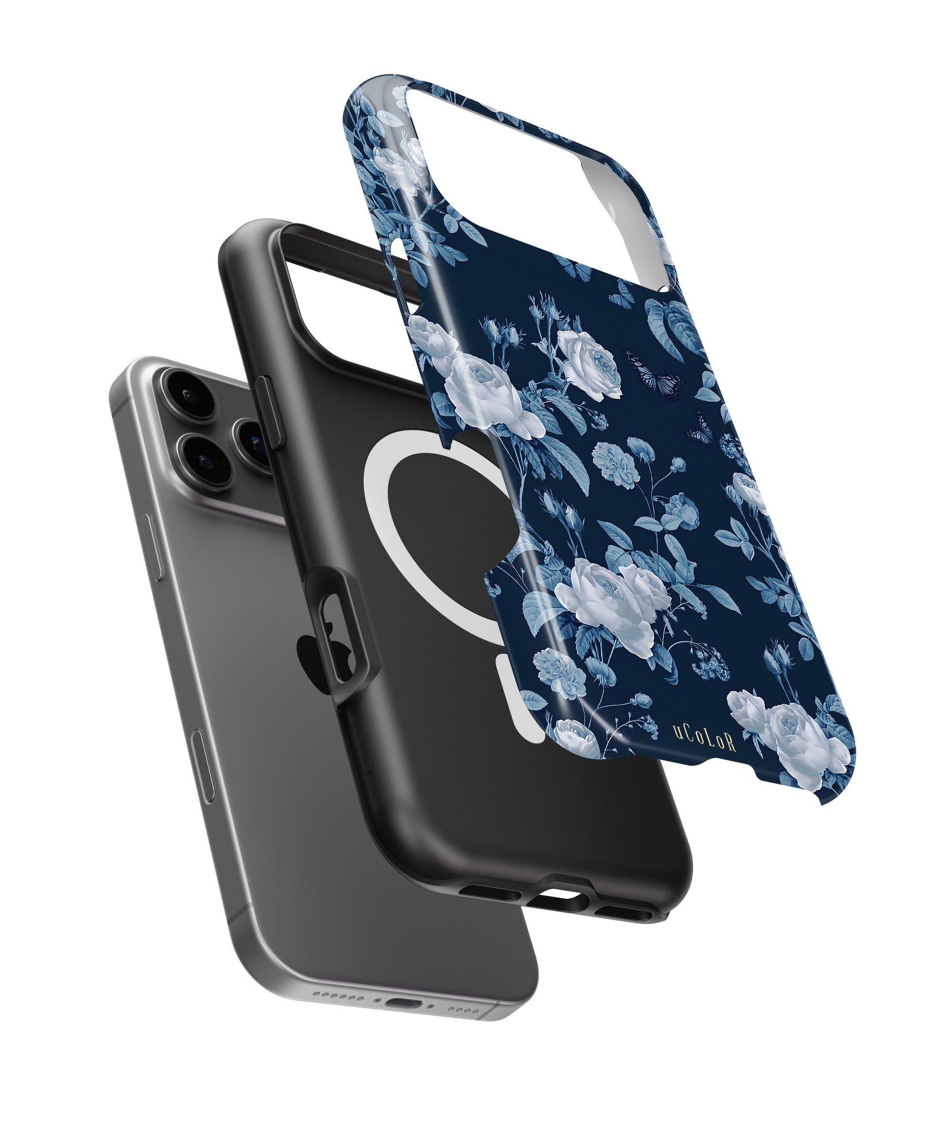 Navy Blue Rose Butterfly Floral MagSafe iPhone Tough Case - i17PMT p11