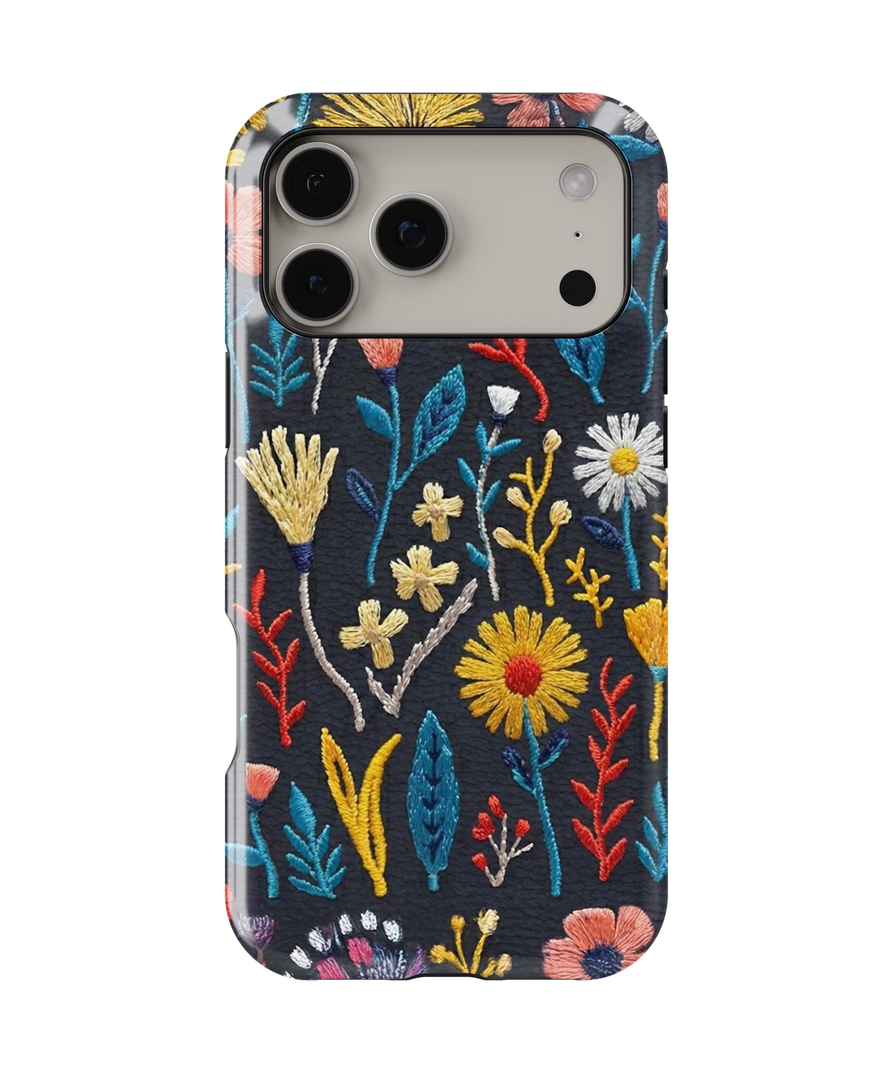 Black Embroidered Wildflower MagSafe iPhone Tough Case