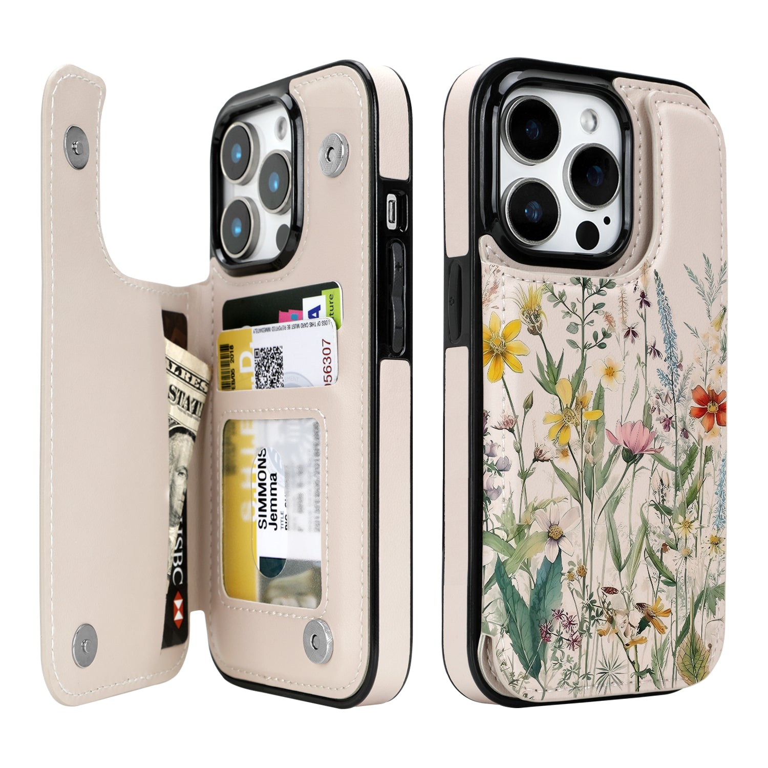 Wildflower Botanical double-buckle wallet phone case for iPhone 13 Pro - model-specific product view