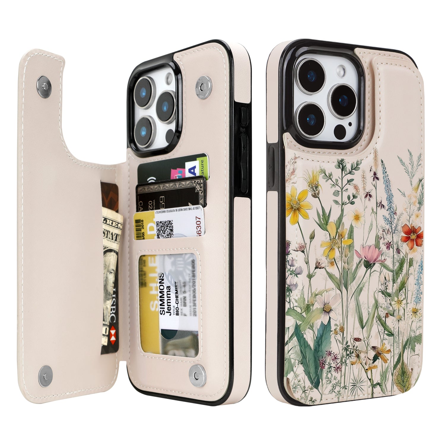 Wildflower Botanical double-buckle wallet phone case for iPhone 15 Pro Max - model-specific product view