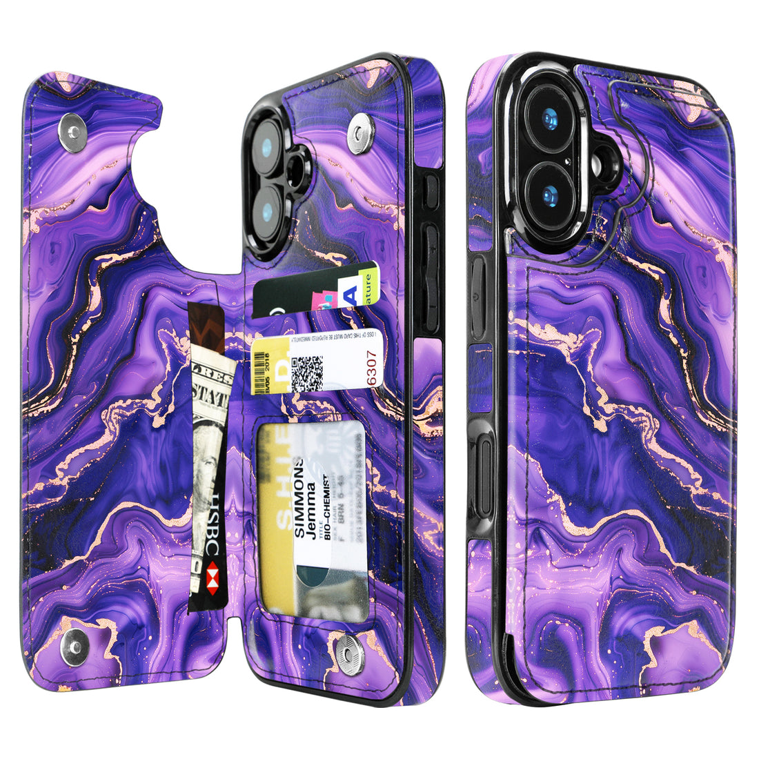Purple Marble Gold RFID Flip Wallet Case for iPhone 17-12 Series - purple marble gold RFID card holder wallet case
