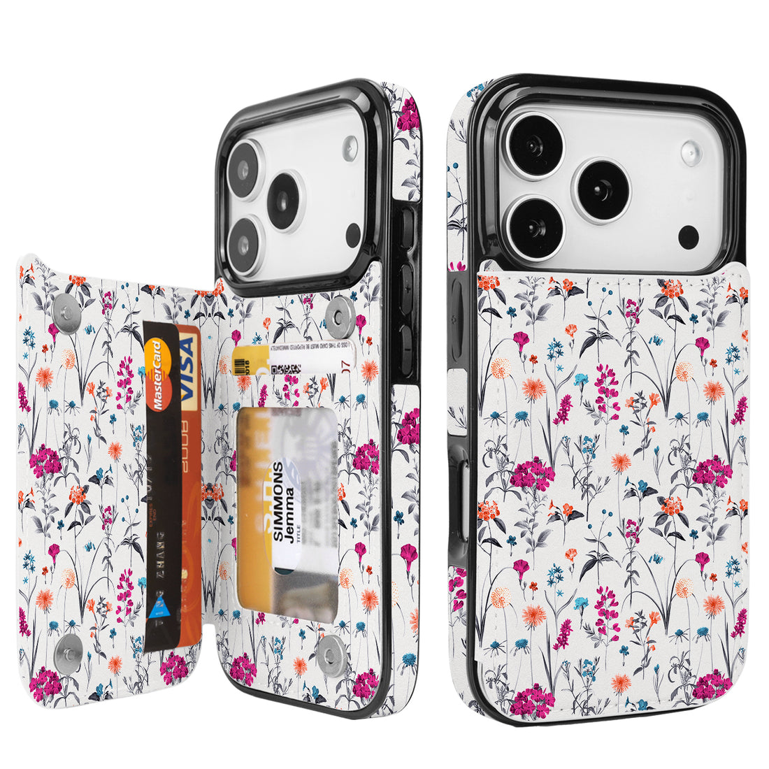Wildflower Sketch RFID Flip Wallet Case for iPhone 17-12 Series - white wildflower sketch RFID card holder wallet case