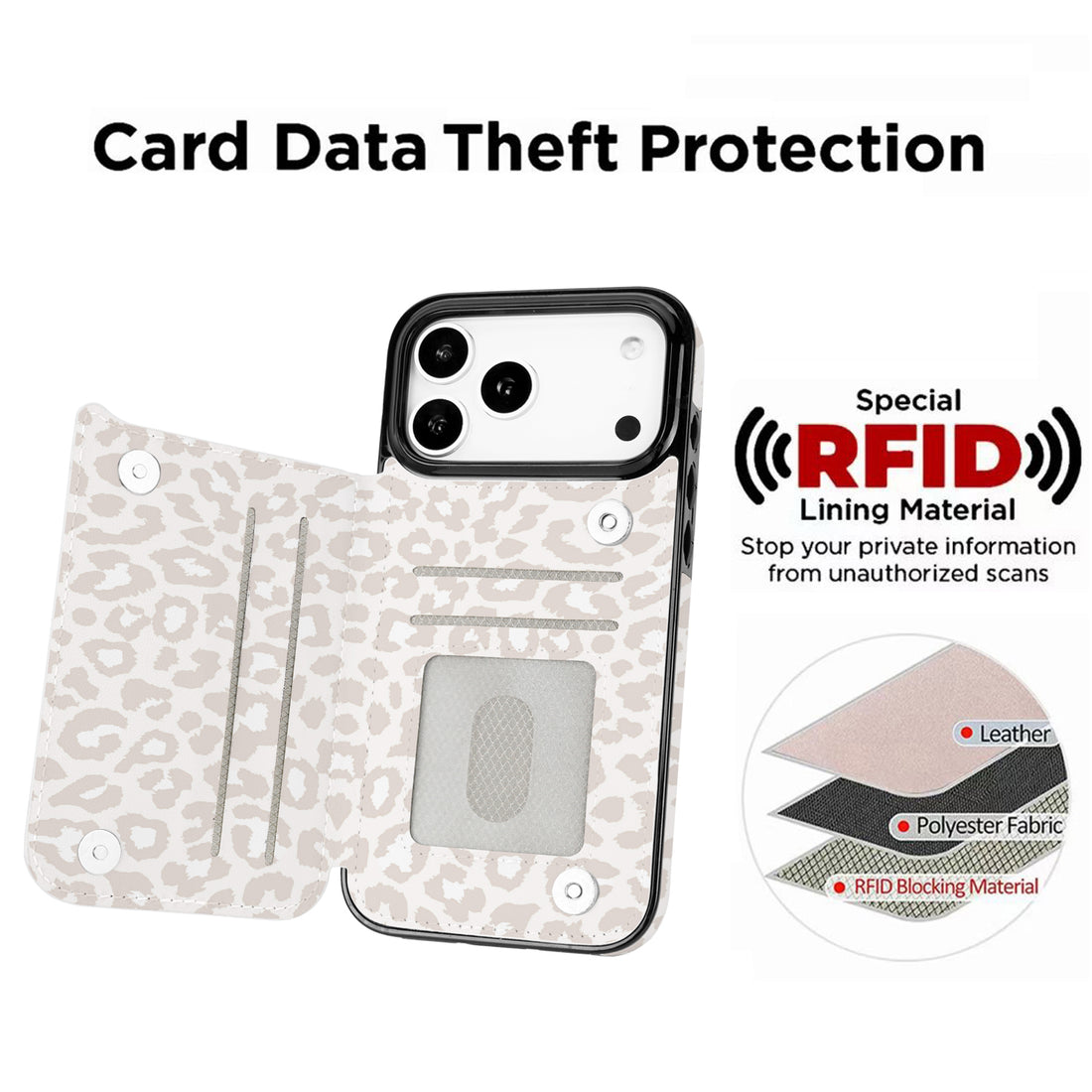 Cream Leopard RFID Flip Wallet Case for iPhone 17-12 Series - cream leopard RFID card holder wallet case