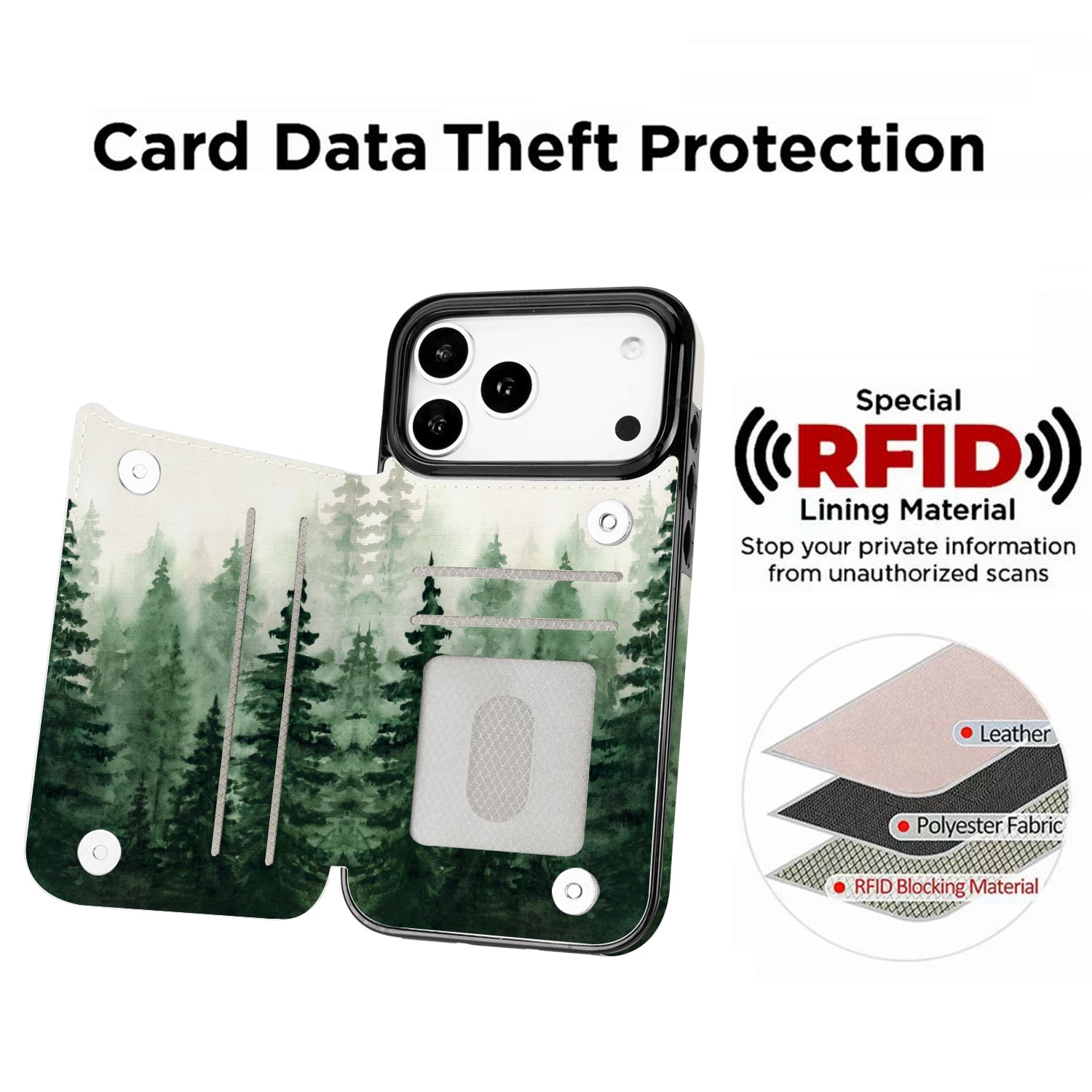 Forest Mist Double-Buckle Flip Wallet Case for iPhone 17–12 – 3–4 Card Holder & Kickstand – product image 3