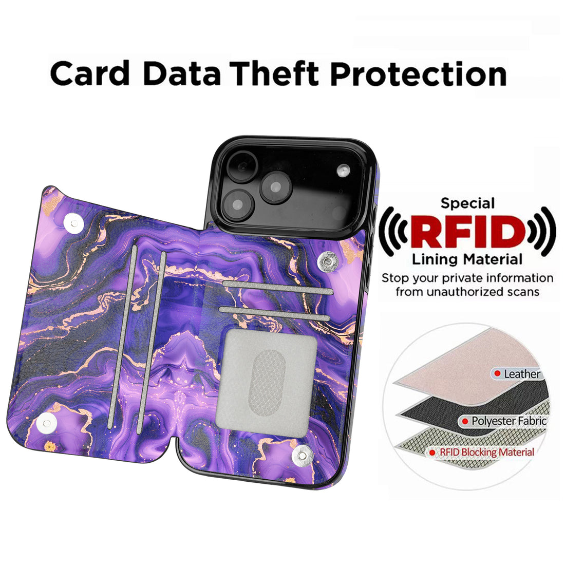 Purple Marble Gold RFID Flip Wallet Case for iPhone 17-12 Series - purple marble gold RFID card holder wallet case
