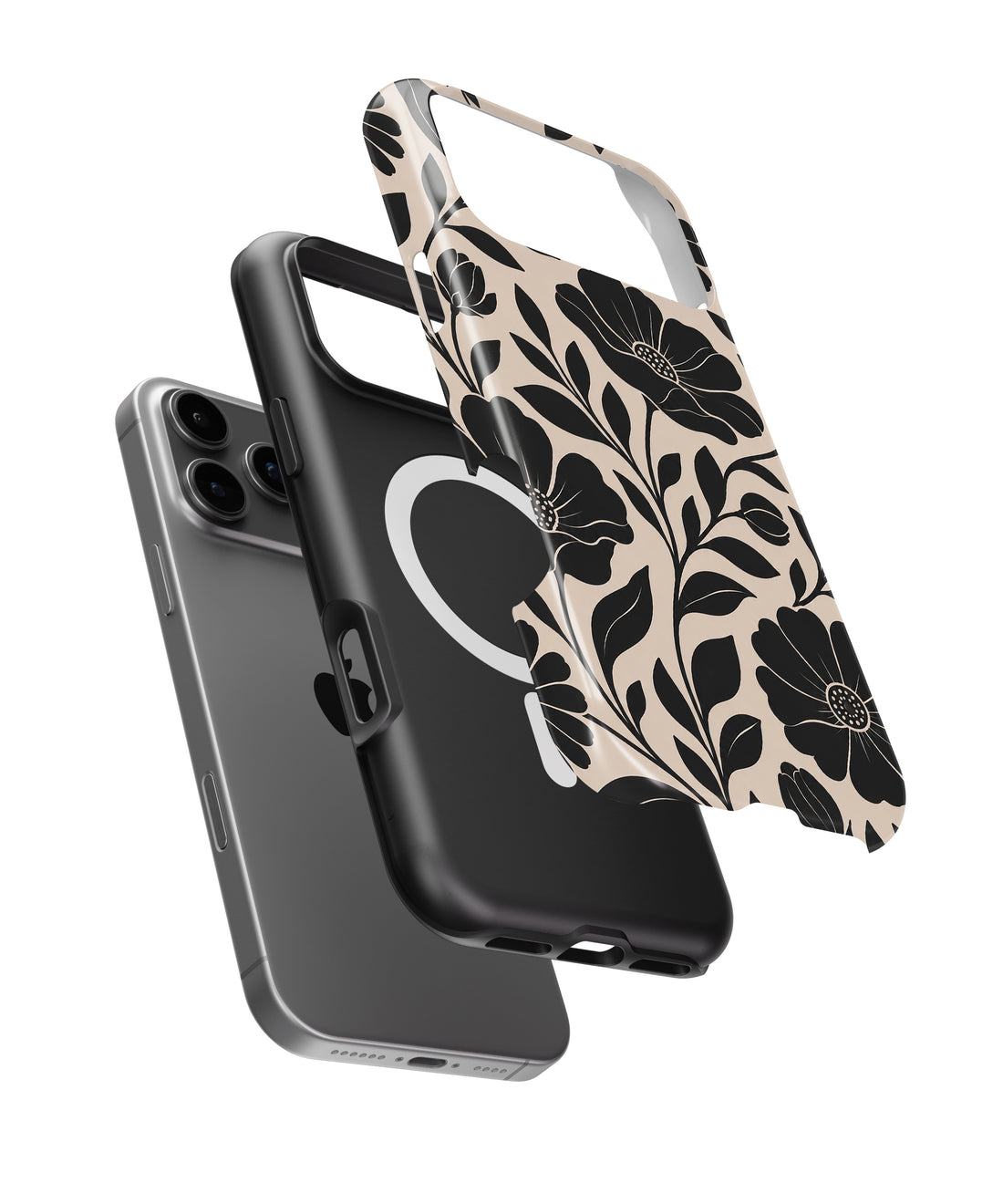 Black botanical floral MagSafe iPhone 17 Pro Max tough case front view