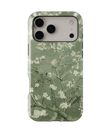 Personalized Vincent Van Gogh Almond Blossom Sage Green iPhone 17 Case | Custom Name MagSafe Shockproof Case for iPhone 17 Pro Max, 17 Pro & 17 Air