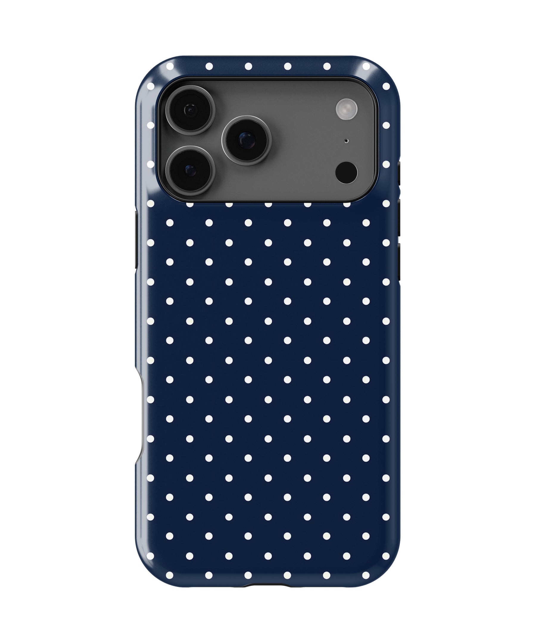 Personalized Navy Polka Dot iPhone 17 Case | Custom Name MagSafe Shockproof Case for iPhone 17 Pro Max, 17 Pro & 17 Air